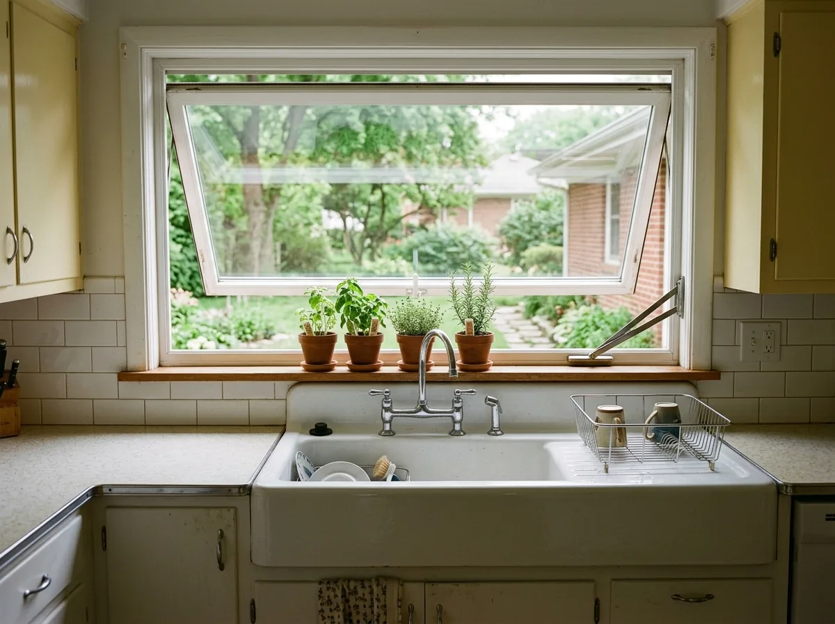 A wide white awning window cranked open over a deep kitchen sink, with a folding crank handle on the sill and a tiled backsplash below