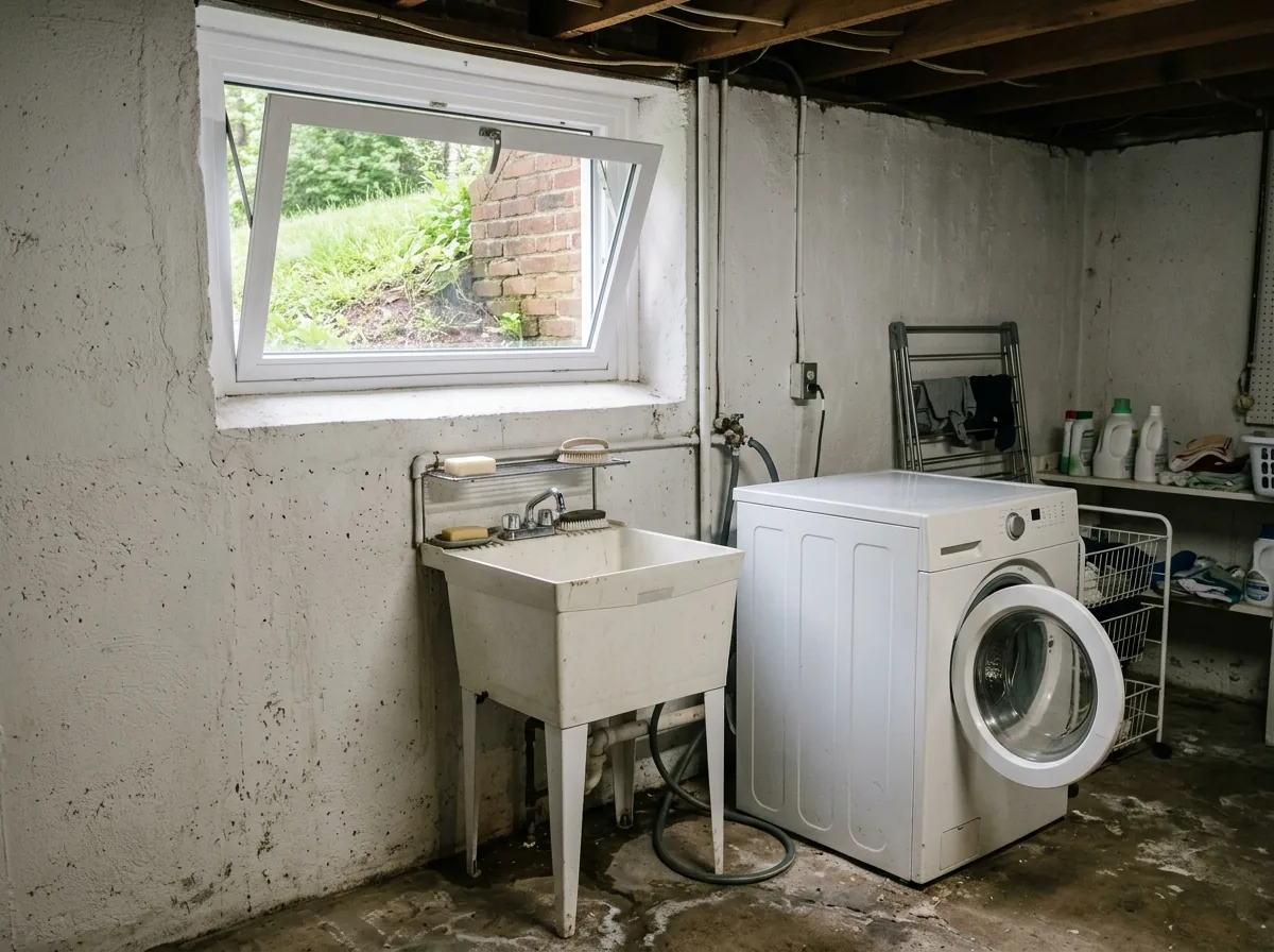 A white vinyl hopper window hinged at the bottom and tilted inward at the top, set high in a painted concrete basement wall above a laundry area