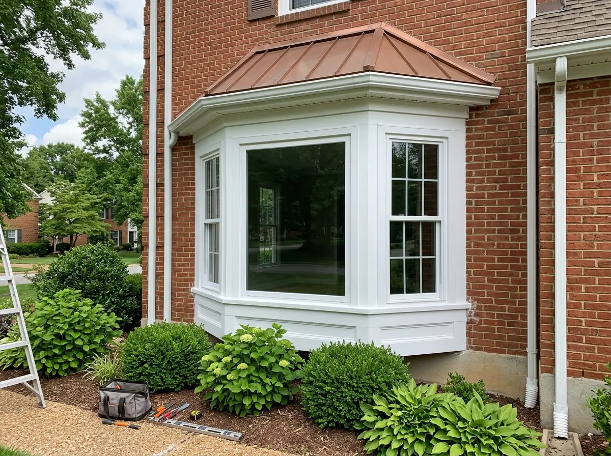 A white three-unit bay window projecting from a red brick house, a picture window between two angled double-hung units, under a small copper-colored roof