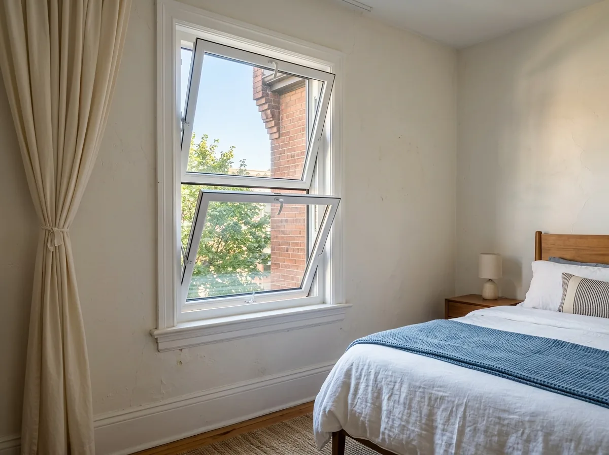White double-hung replacement window with both sashes tilted inward from the frame in a bright bedroom