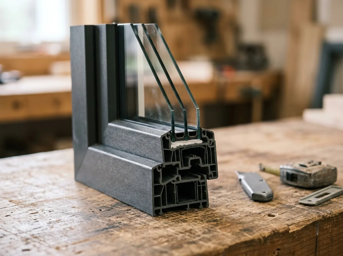 Corner cross-section of a triple-pane window sample on a workbench showing three glass layers, dark spacers and the frame chambers