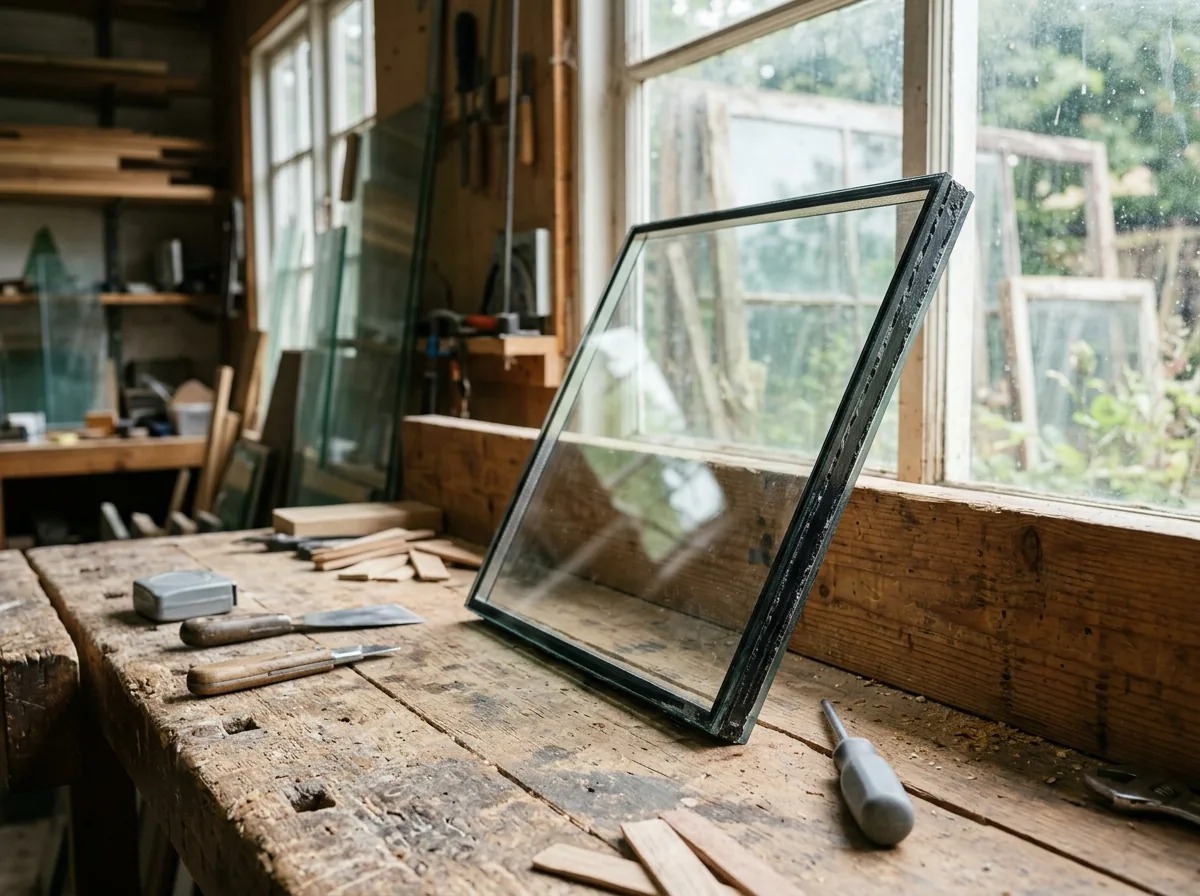 Corner of a double-pane insulated glass unit leaning on a workbench, two clear panes with a narrow sealed gap and a dark edge spacer