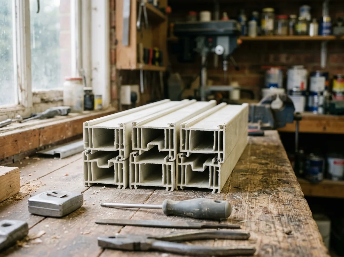 Short lengths of hollow off-white pultruded fiberglass window frame profile stacked on a workbench, the cut ends showing thin walls and internal webs
