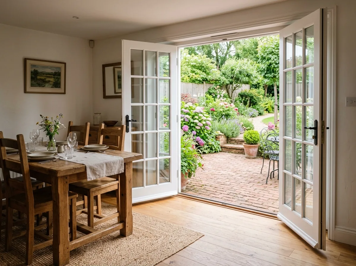 A pair of white in-swing French patio doors opened into a dining room, both panels swung inward, a brick patio visible outside