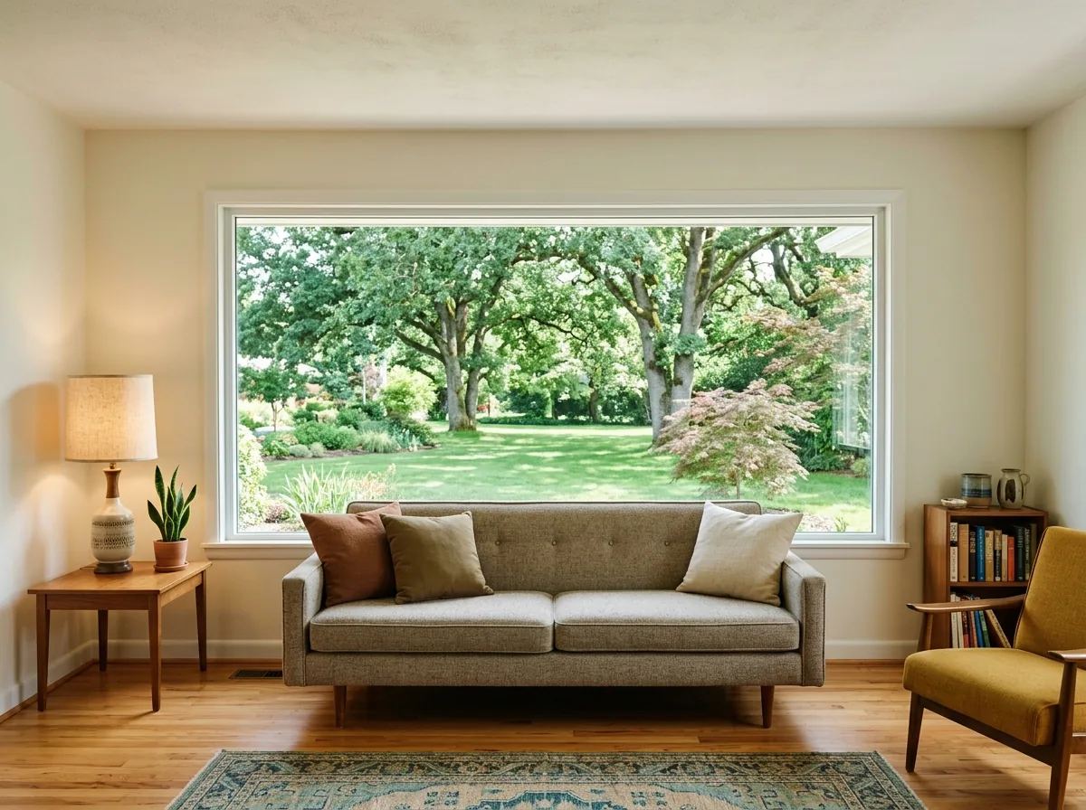 A single wide fixed picture window with a thin white frame in a brick ranch living room, looking out on a lawn and oak trees