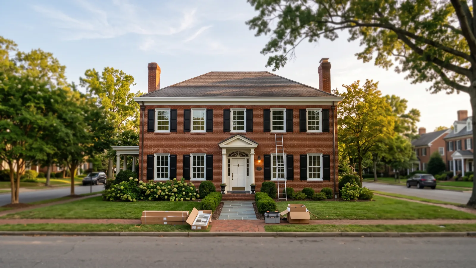Two-story red brick Colonial house with new white six-over-six double-hung windows and black shutters, a ladder and window cartons by the walk