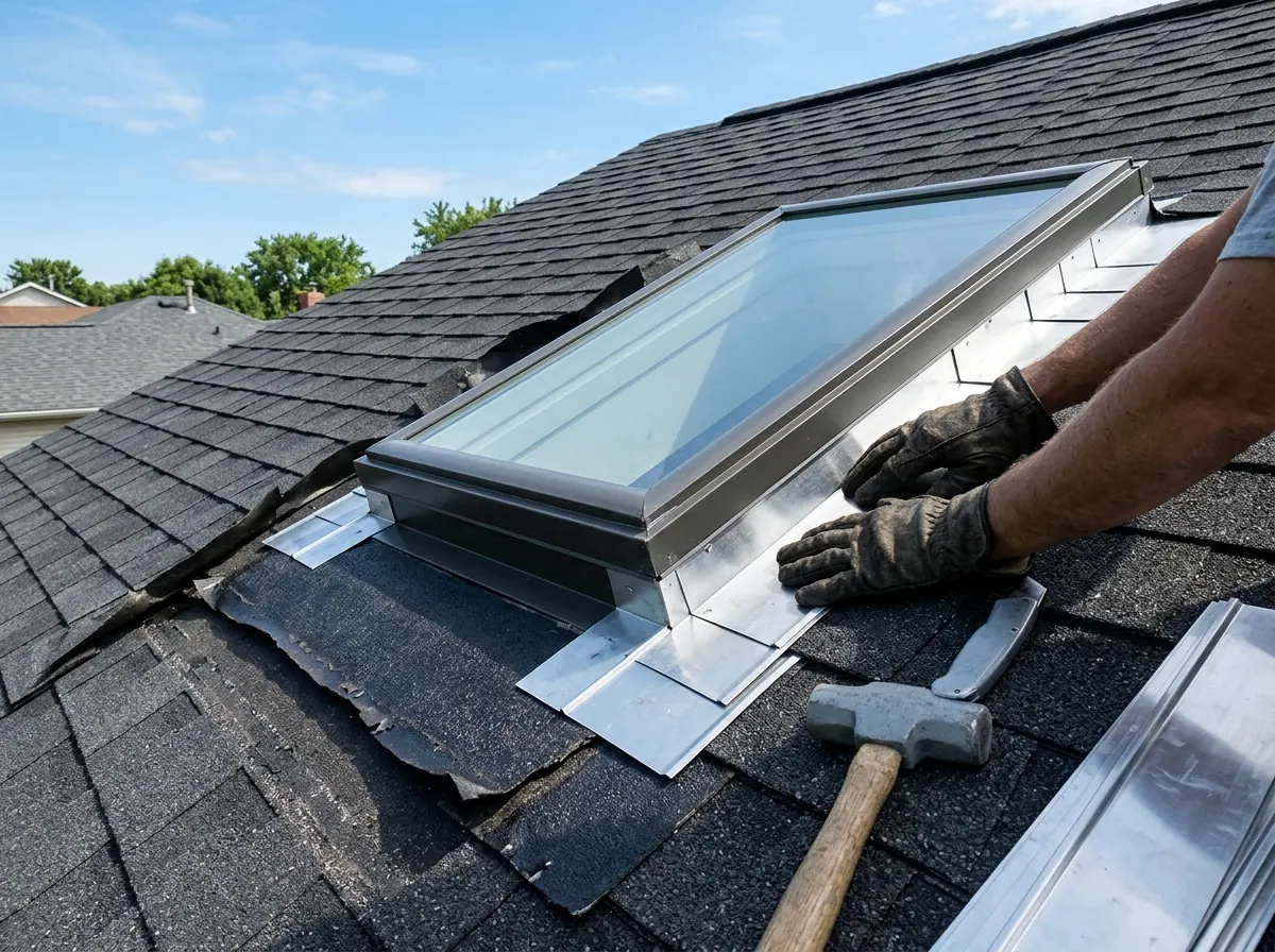 Gloved hands pressing aluminum step flashing around a new deck-mounted skylight on an asphalt-shingle roof