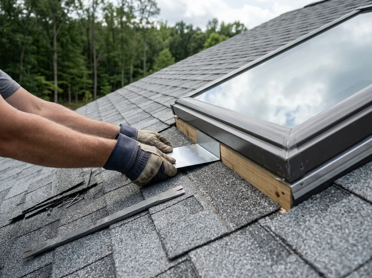 Gloved hands sliding a piece of aluminum step flashing under an asphalt shingle along the side of a deck-mounted skylight