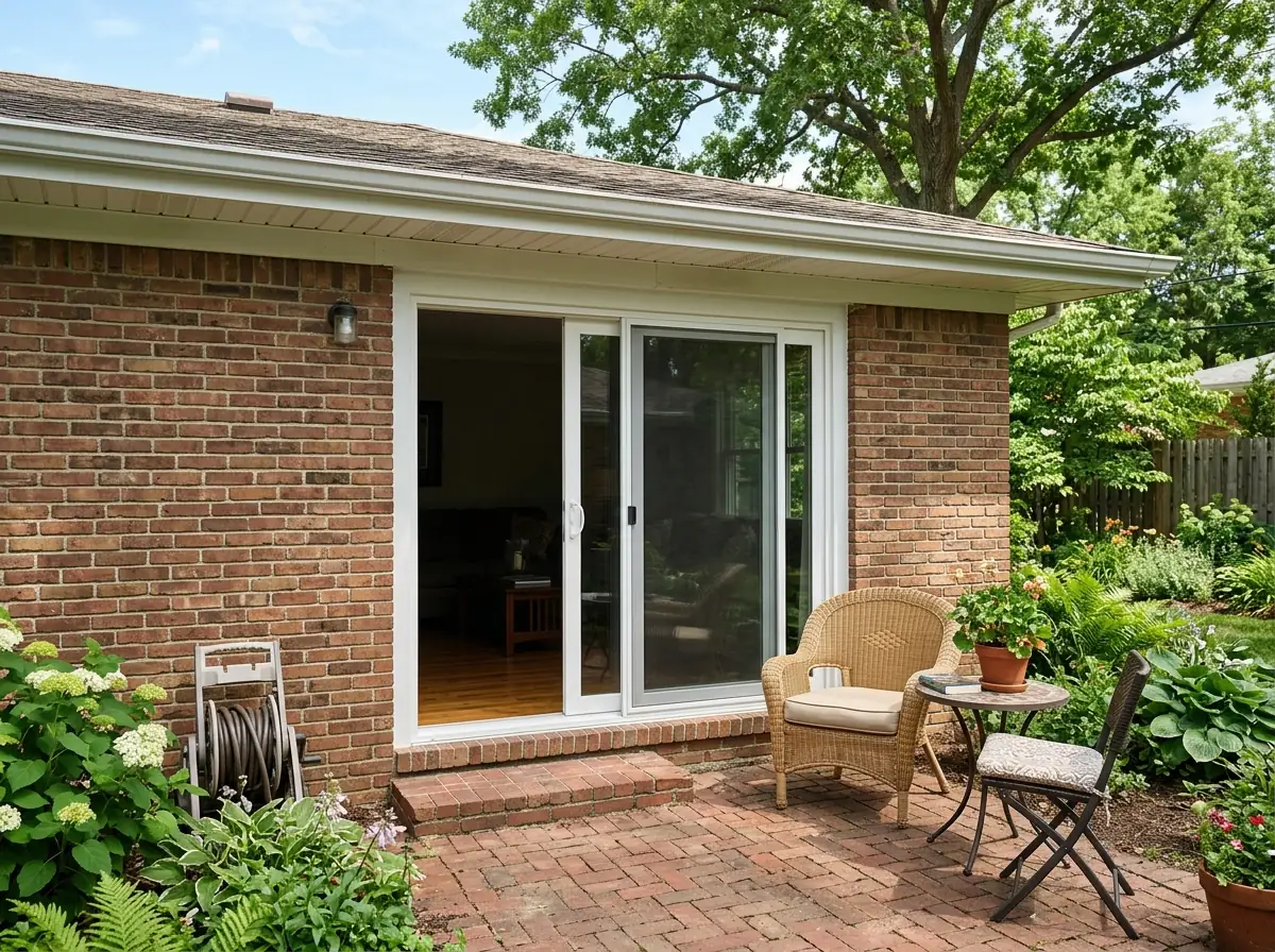 White two-panel vinyl sliding glass door with the moving panel half open onto a small brick patio