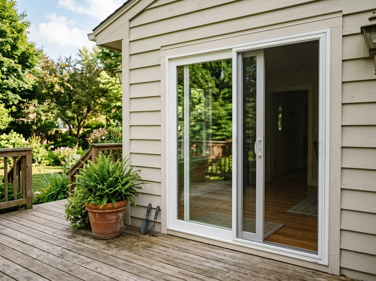 A new two-panel white sliding glass patio door on a painted lap-siding house, one panel half open onto a wood deck