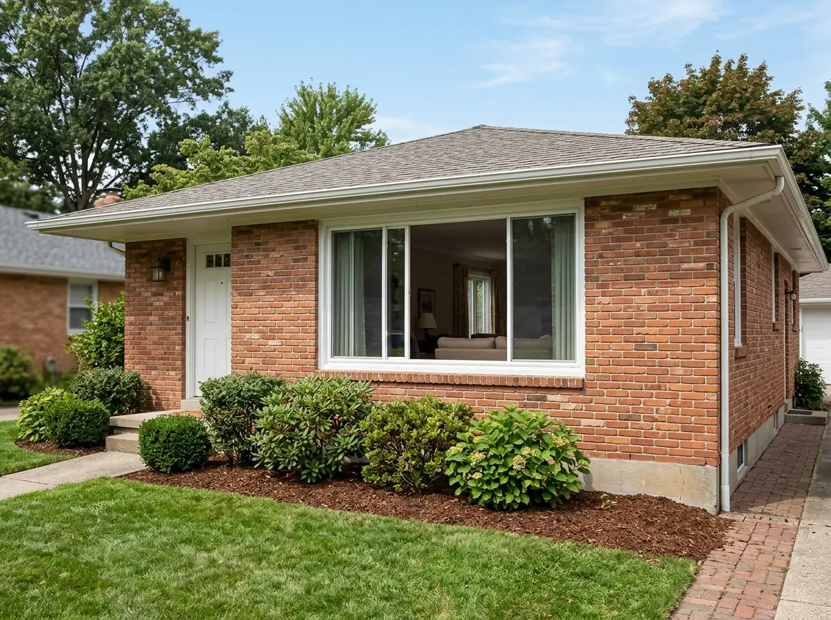 A single-story brick ranch house with a wide white horizontal sliding window, one sash slid partly open, shrubs below