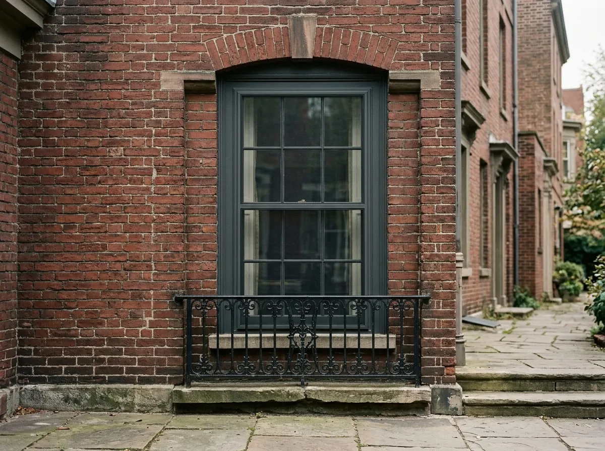 A slim exterior storm window mounted over a tall original wood window on a painted brick rowhouse, with an iron railing below