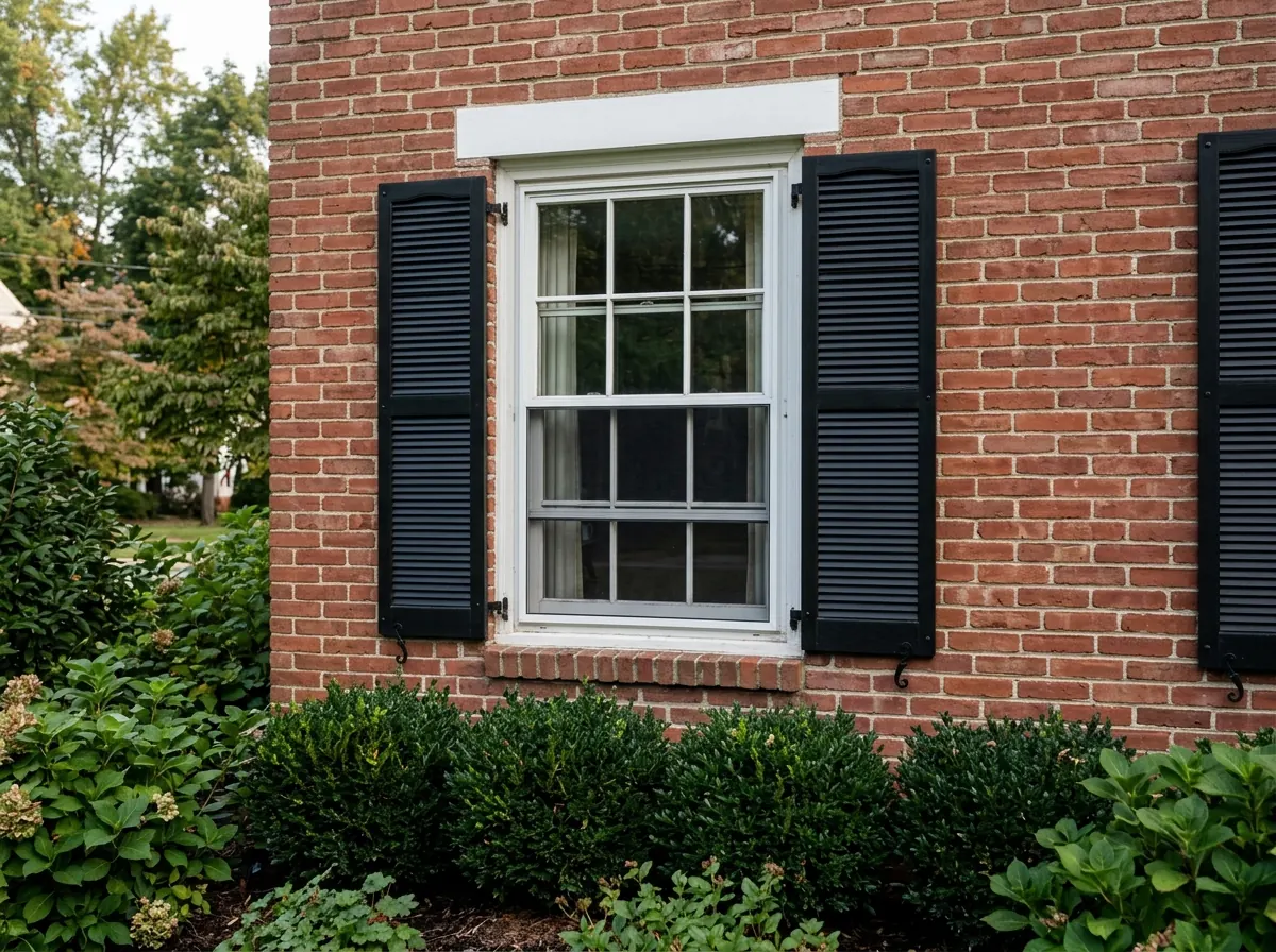 A painted triple-track aluminum storm window over a white wood double-hung window on a brick colonial, lower glass panel raised and the half screen showing