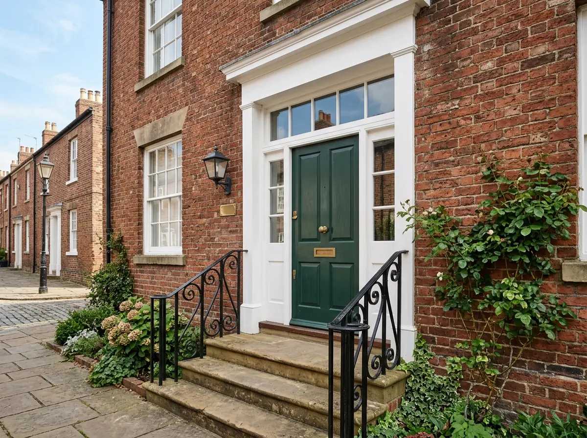 A painted wood front door with a rectangular glass transom above it and narrow sidelites, on a red brick rowhouse with stone steps
