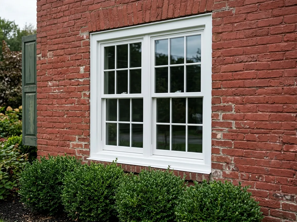 A white vinyl double-hung replacement window with both sashes closed in a painted brick wall, the frame corners smooth and seamless