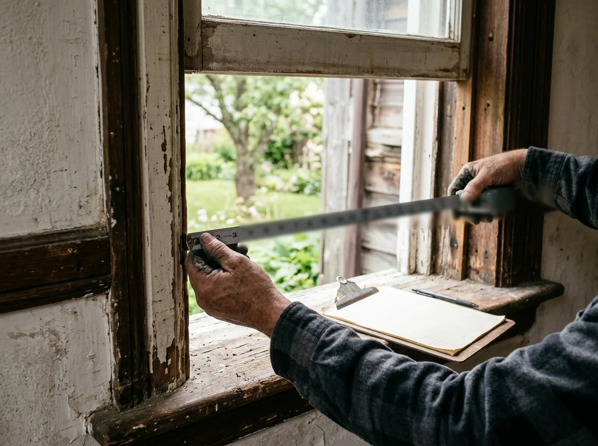 Gloved hands holding a tape measure across an old wood window opening with the sash removed, a clipboard on the sill