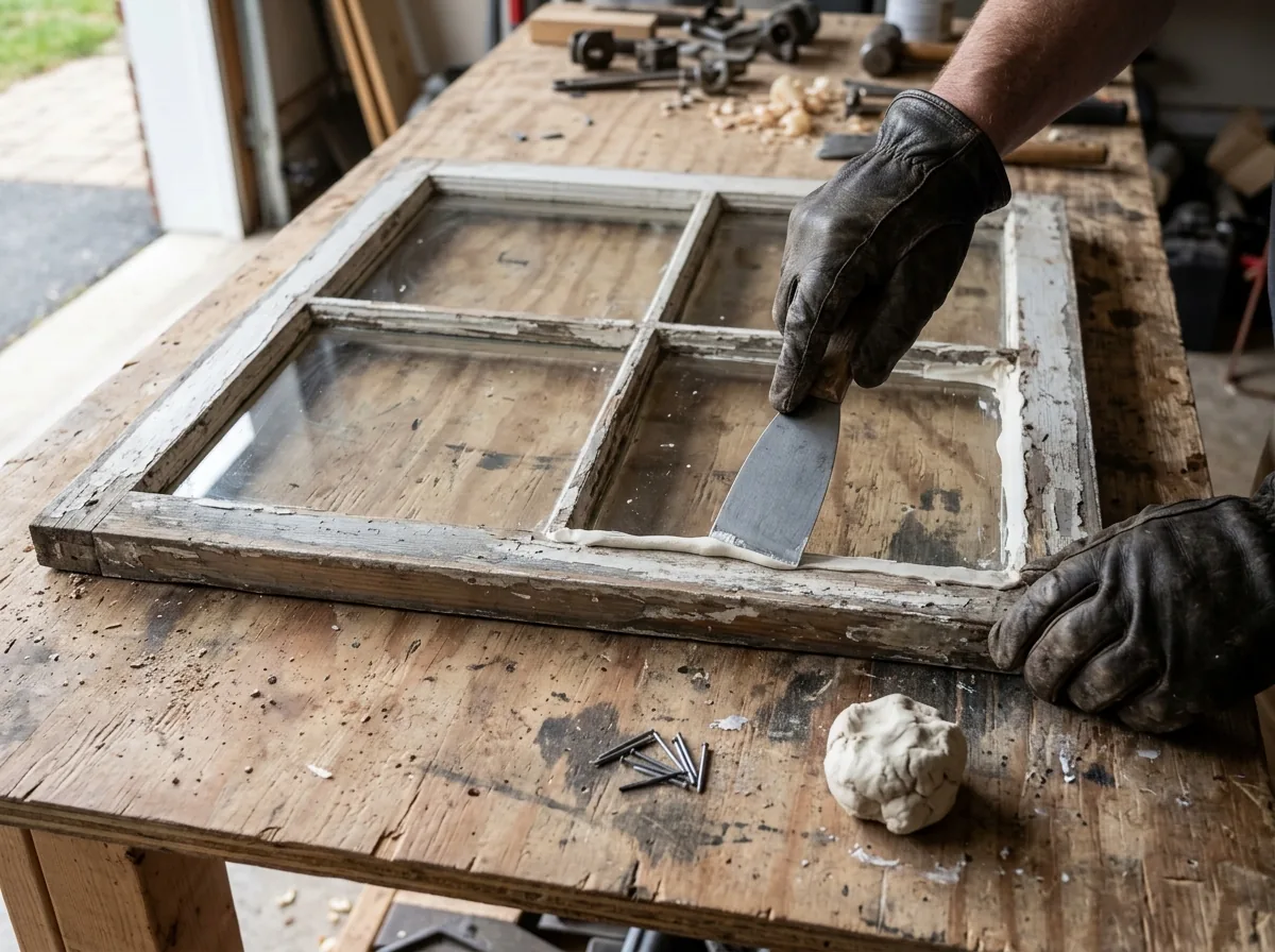 Gloved hands pressing glazing putty around a new pane in an old painted wood sash laid flat on a workbench