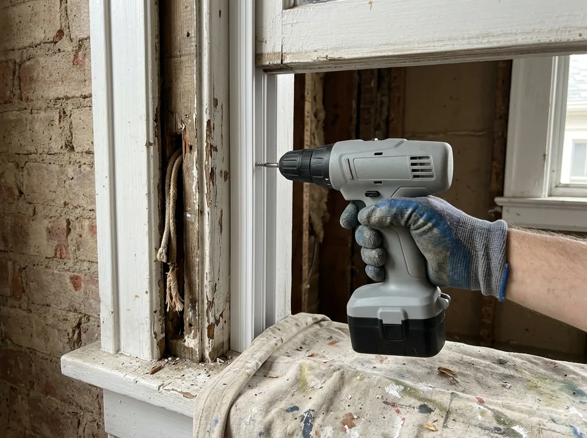 A new vinyl jamb liner channel being fastened inside an old painted wood window frame, with the old sash and parting bead removed