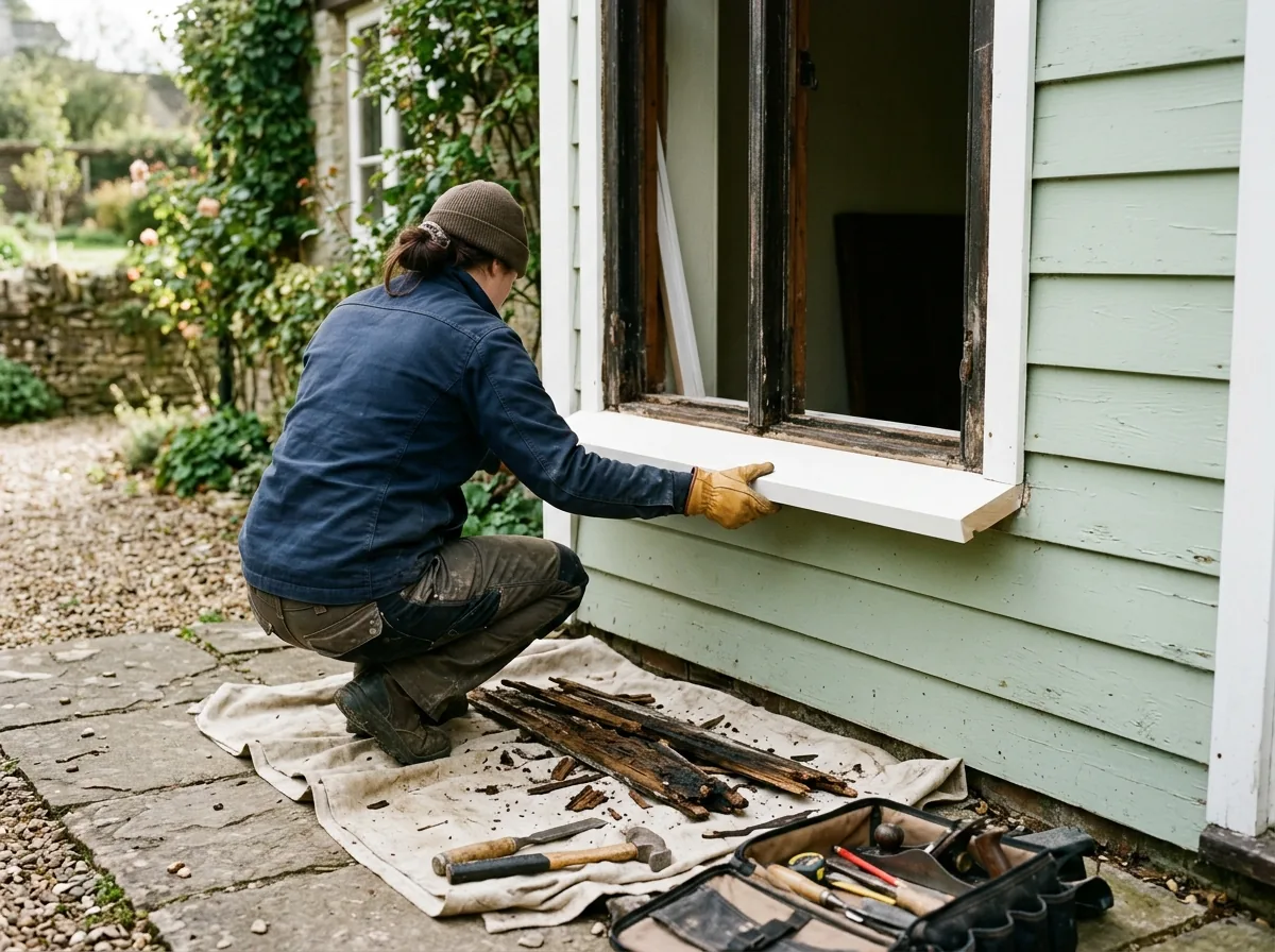 A gloved carpenter fitting a new primed wood window sill into an old frame on a painted wood-sided house, with the rotted sill pieces on the ground below