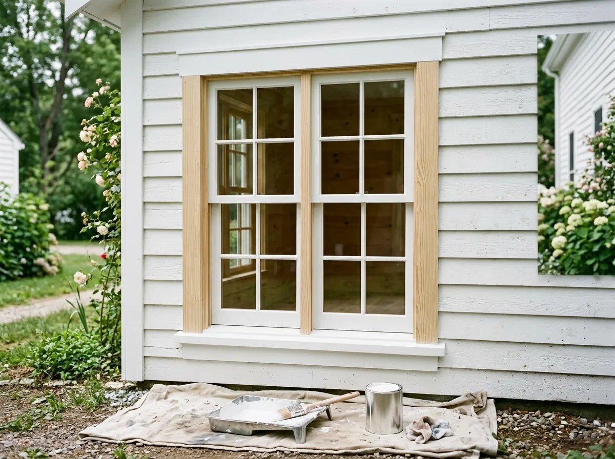 A new primed pine double-hung window, the frame still bare white primer, set into a wood-sided cottage wall beside freshly painted trim